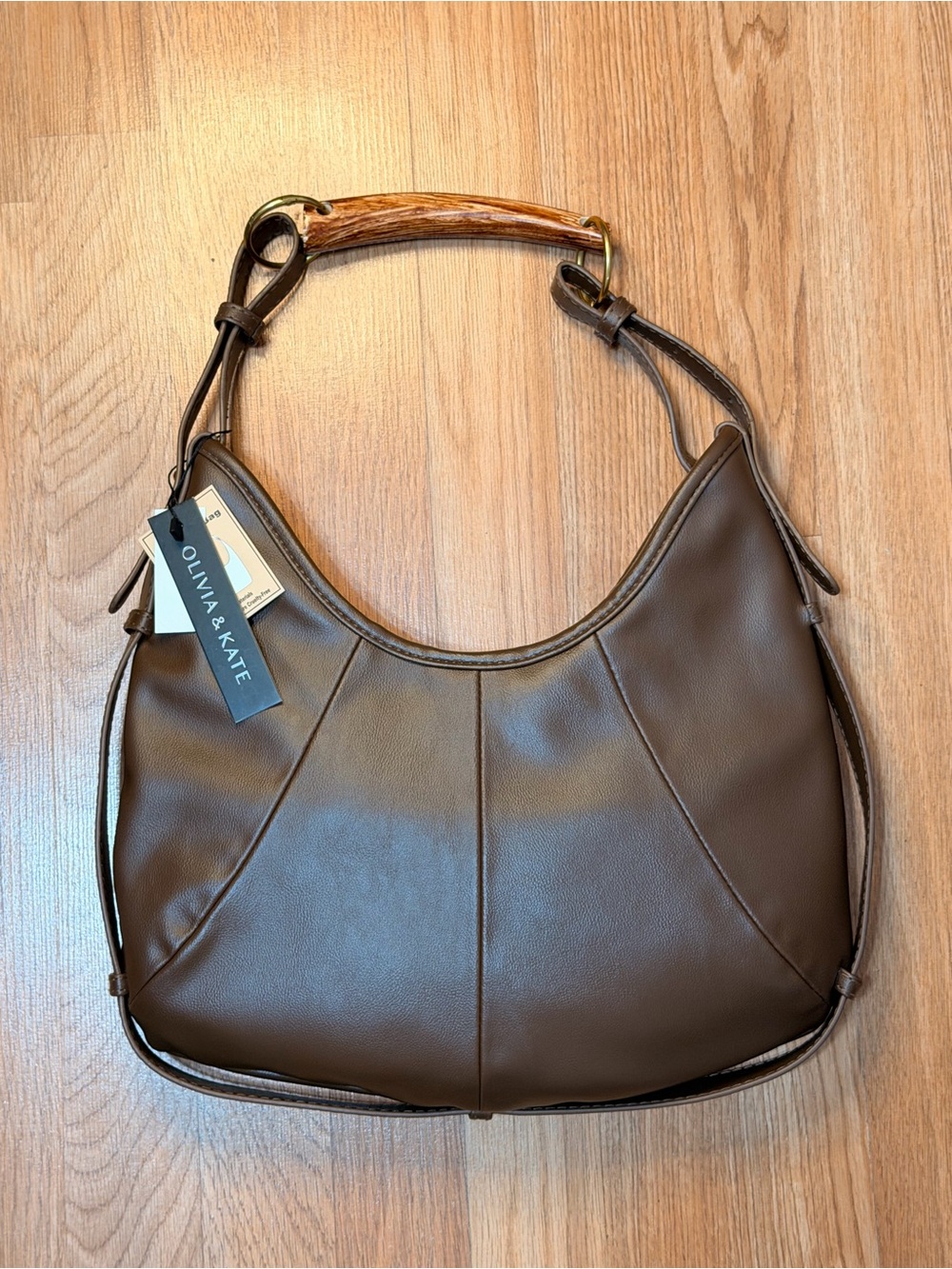 Olivia & Kate Brown Shoulder Hobo Bag with Wood-Accent Handle